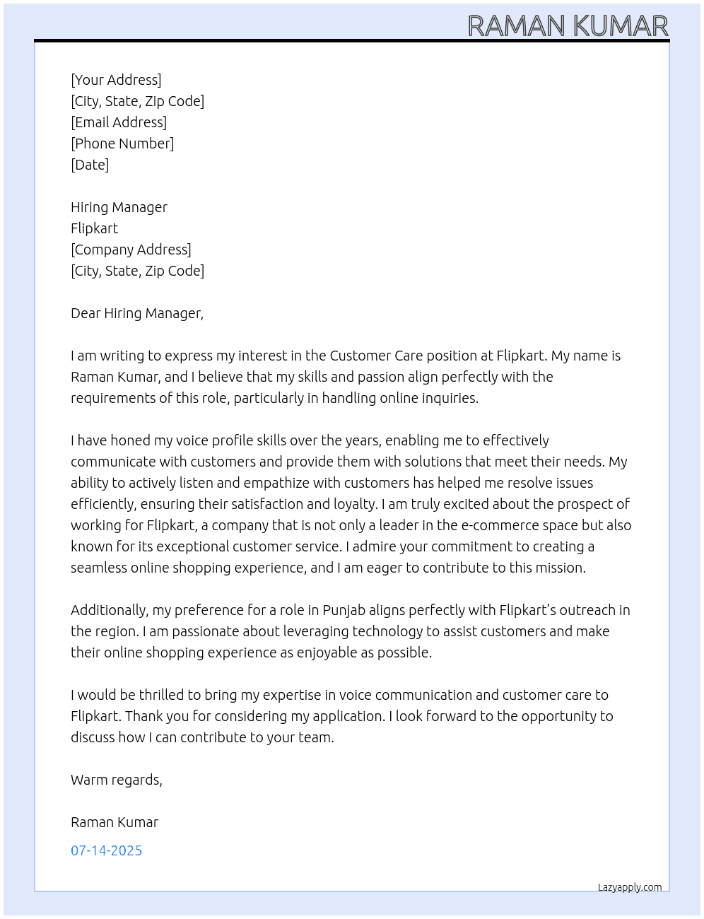 customer care  At flipkart Cover Letter