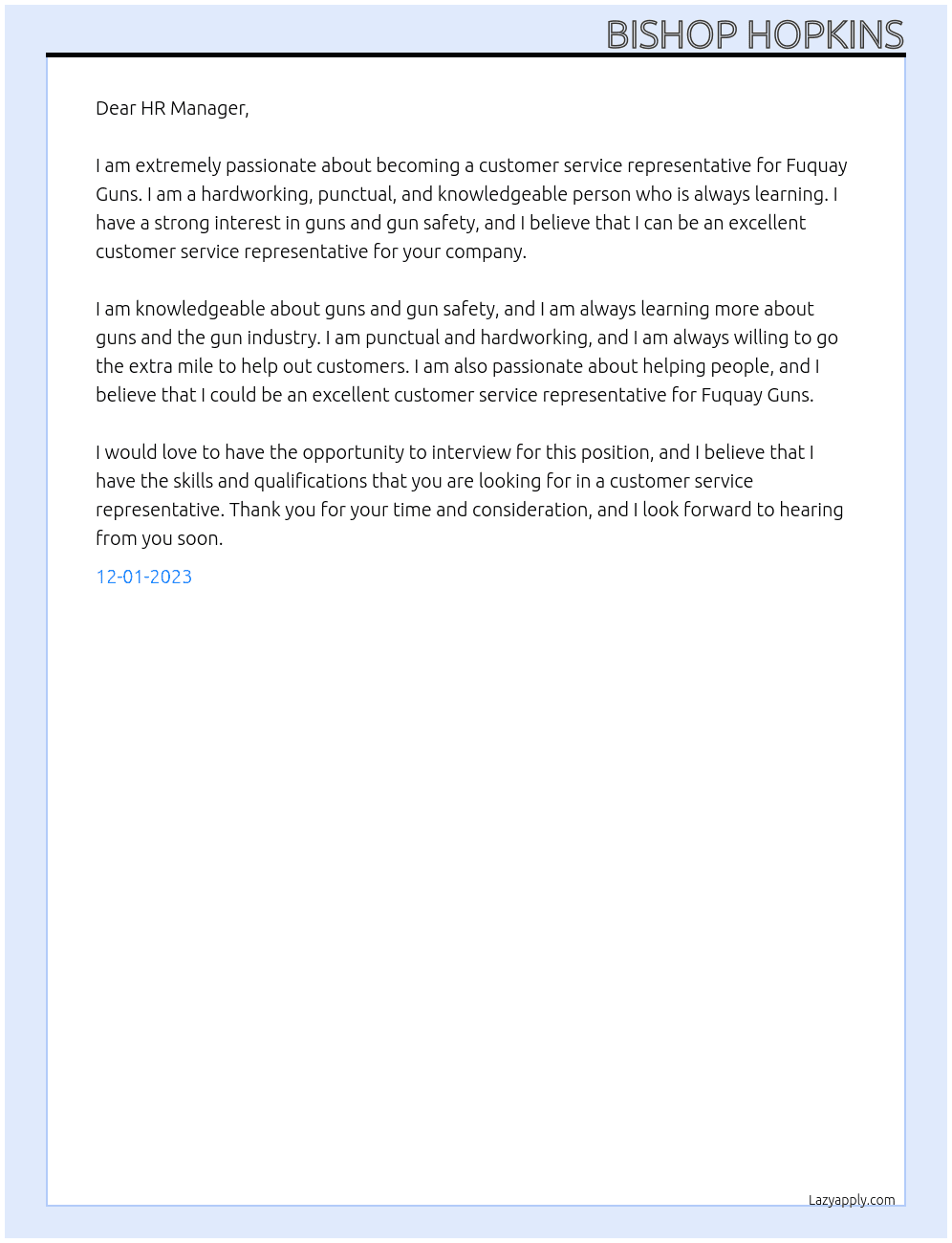 customer service representative  At Fuquay Guns Cover Letter