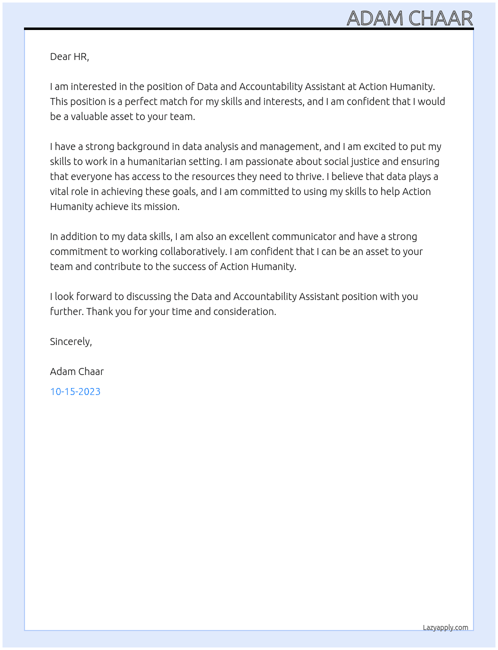 Data and Accountability Assistant  At Action Humanity  Cover Letter