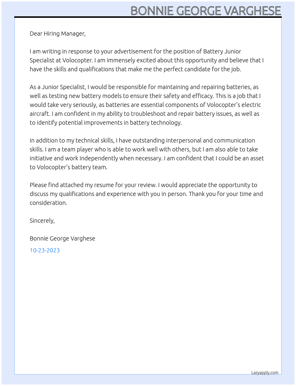 Battery Junior Specialist At Volocopter Cover Letter