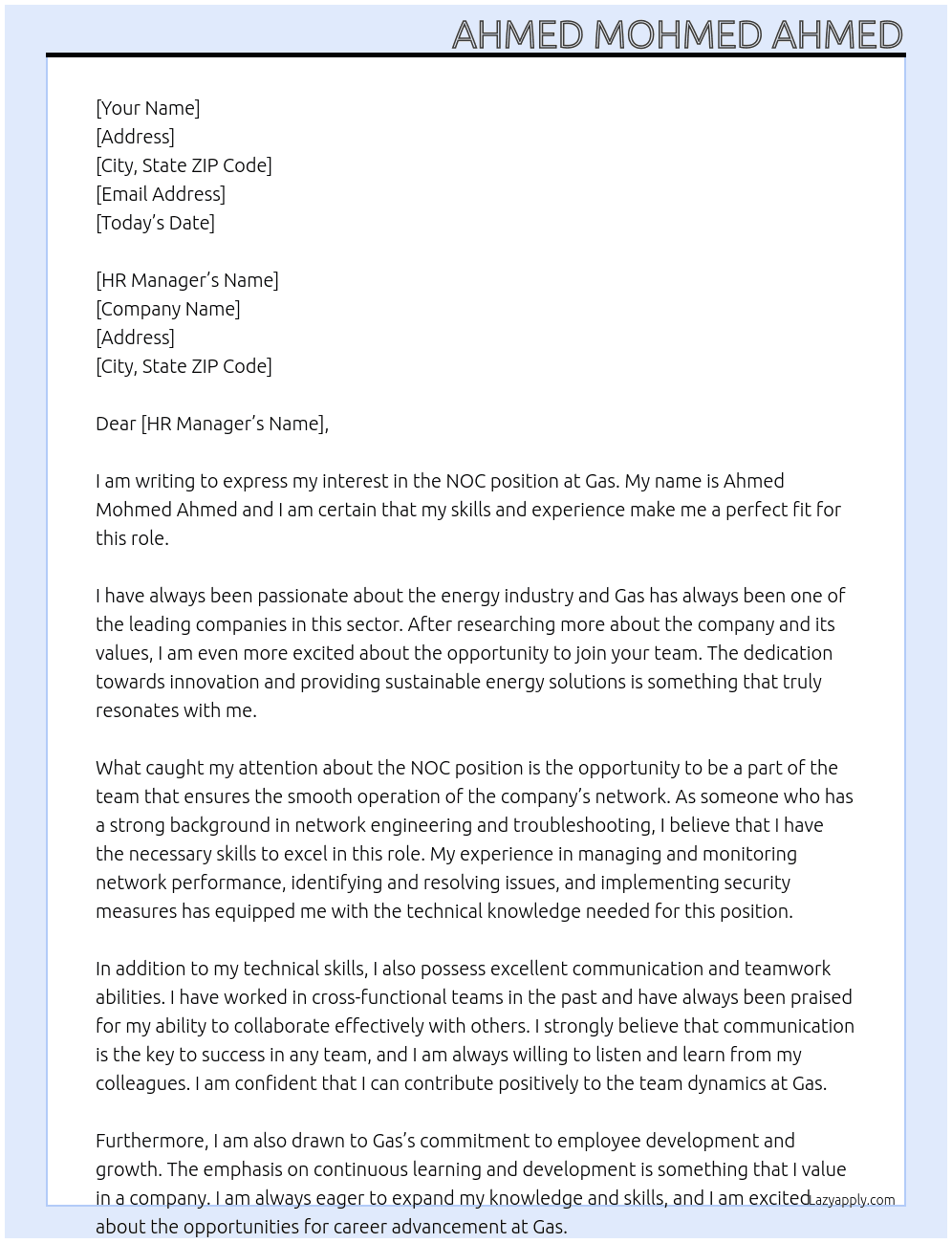 NOC At gas Cover Letter