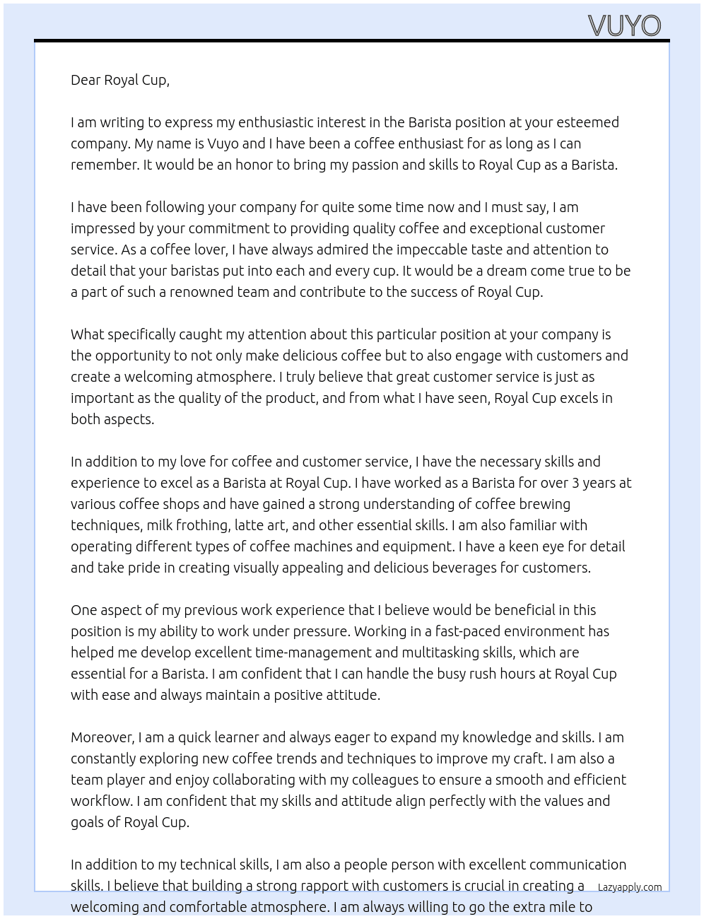 Barista  At Royal cup Cover Letter