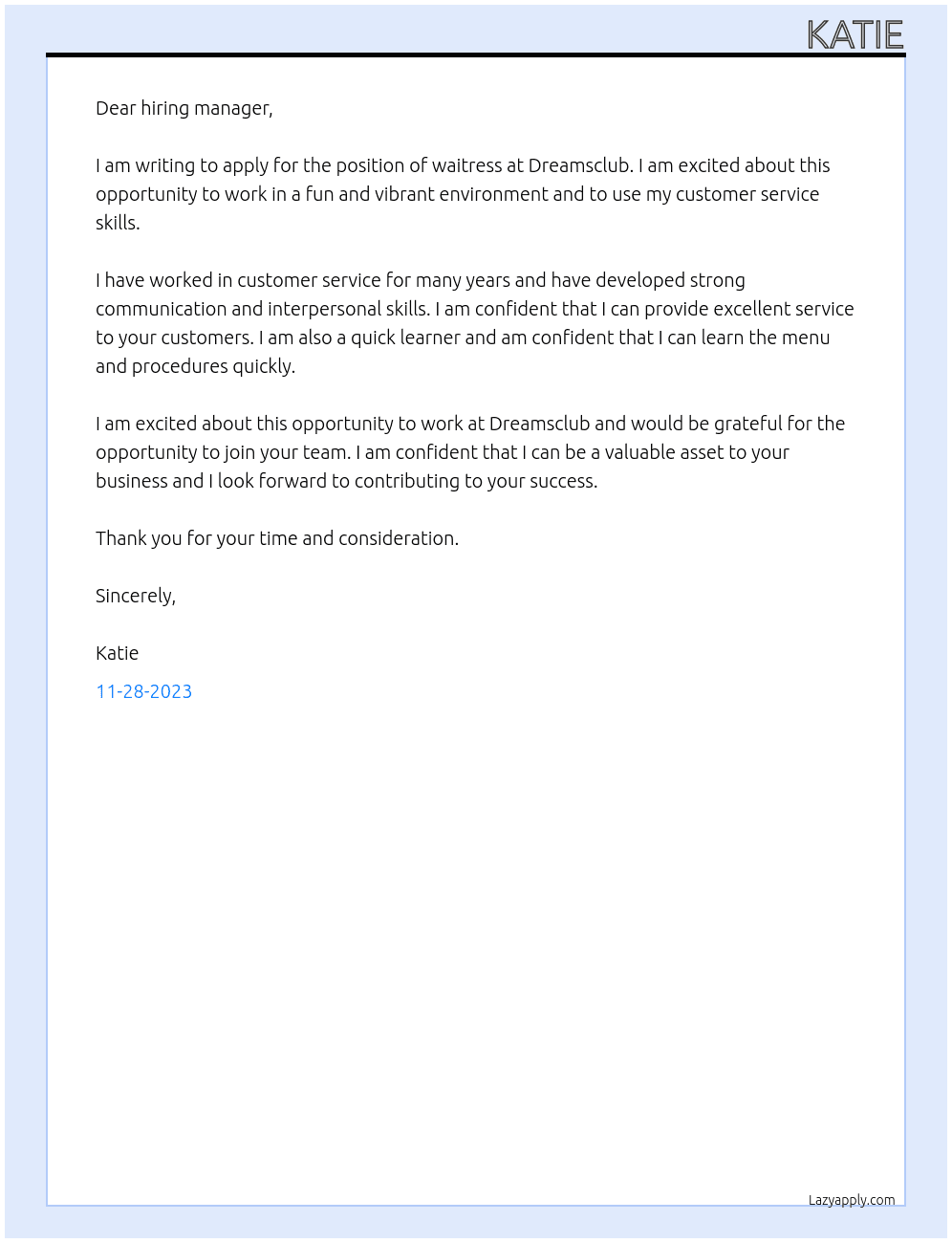 Waitress At dreamsclub Cover Letter