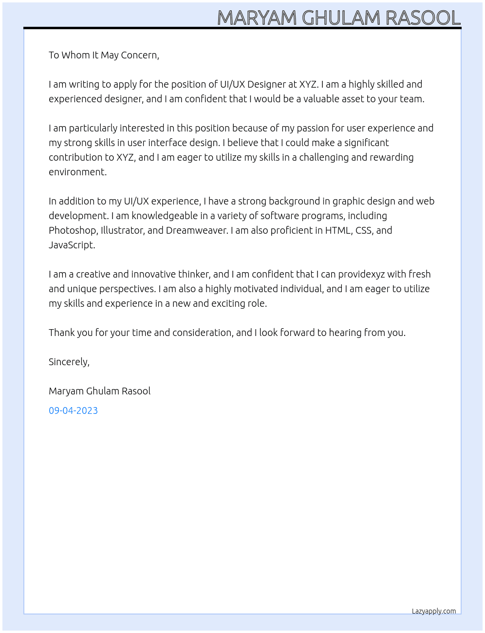 UI UX Designer At XYZ Cover Letter