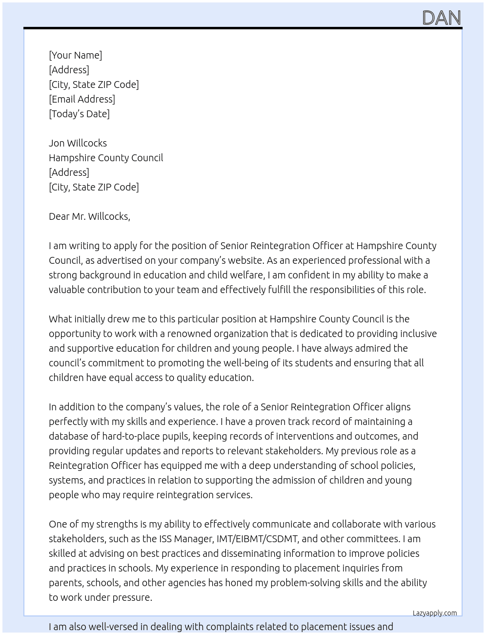 Senior Reintegration Officer  At Hampshire County Council Cover Letter