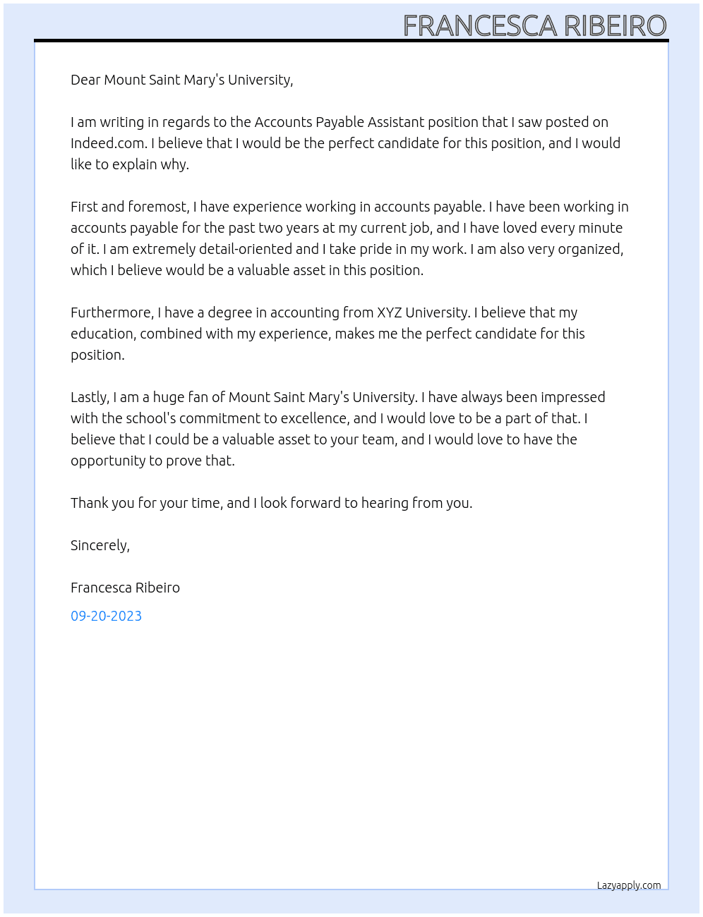 Accounts Payable Assistant At Mount Saint Mary's University Cover Letter