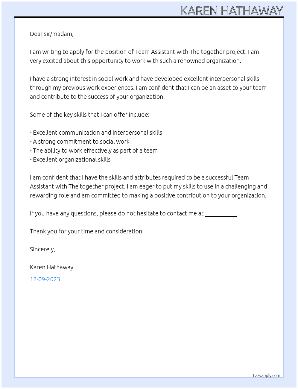 Team assistant  At The together project  Cover Letter