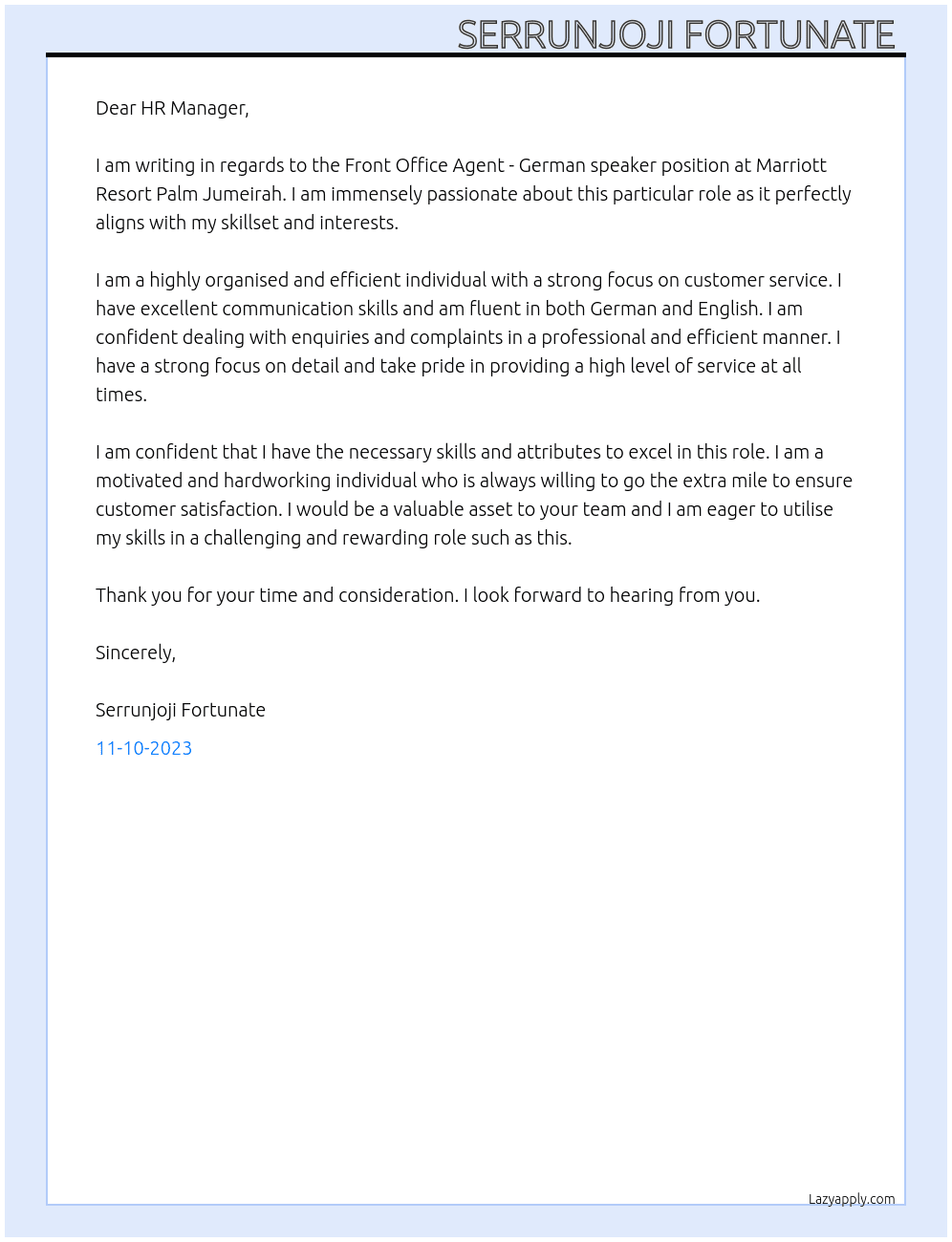 Front Office Agent - German speaker At Marriott Resort Palm Jumeirah Cover Letter
