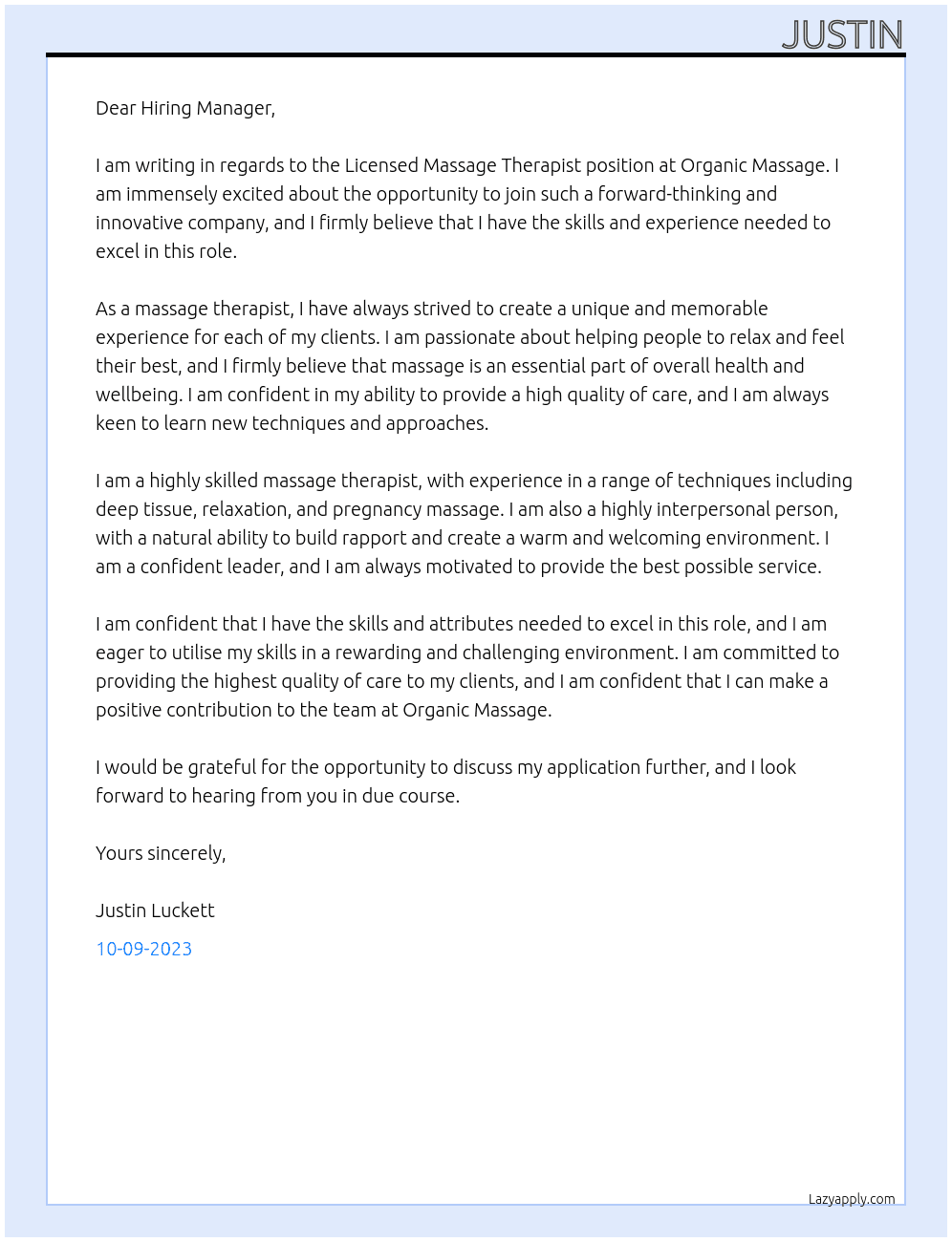 Licensed Massage Therapist At Organic Massage Cover Letter