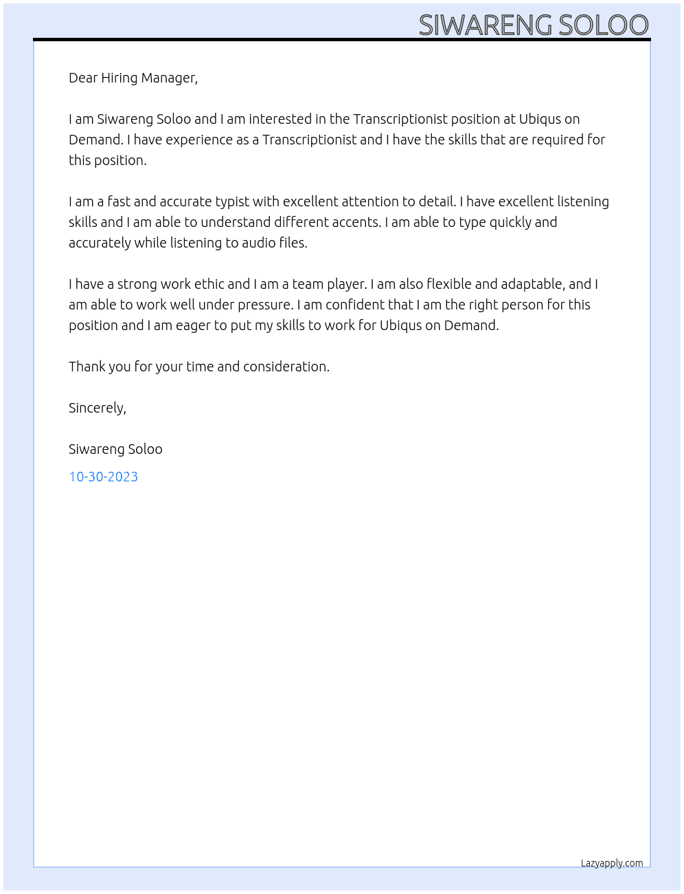 Transcriptionist At Ubiqus on Demand Cover Letter