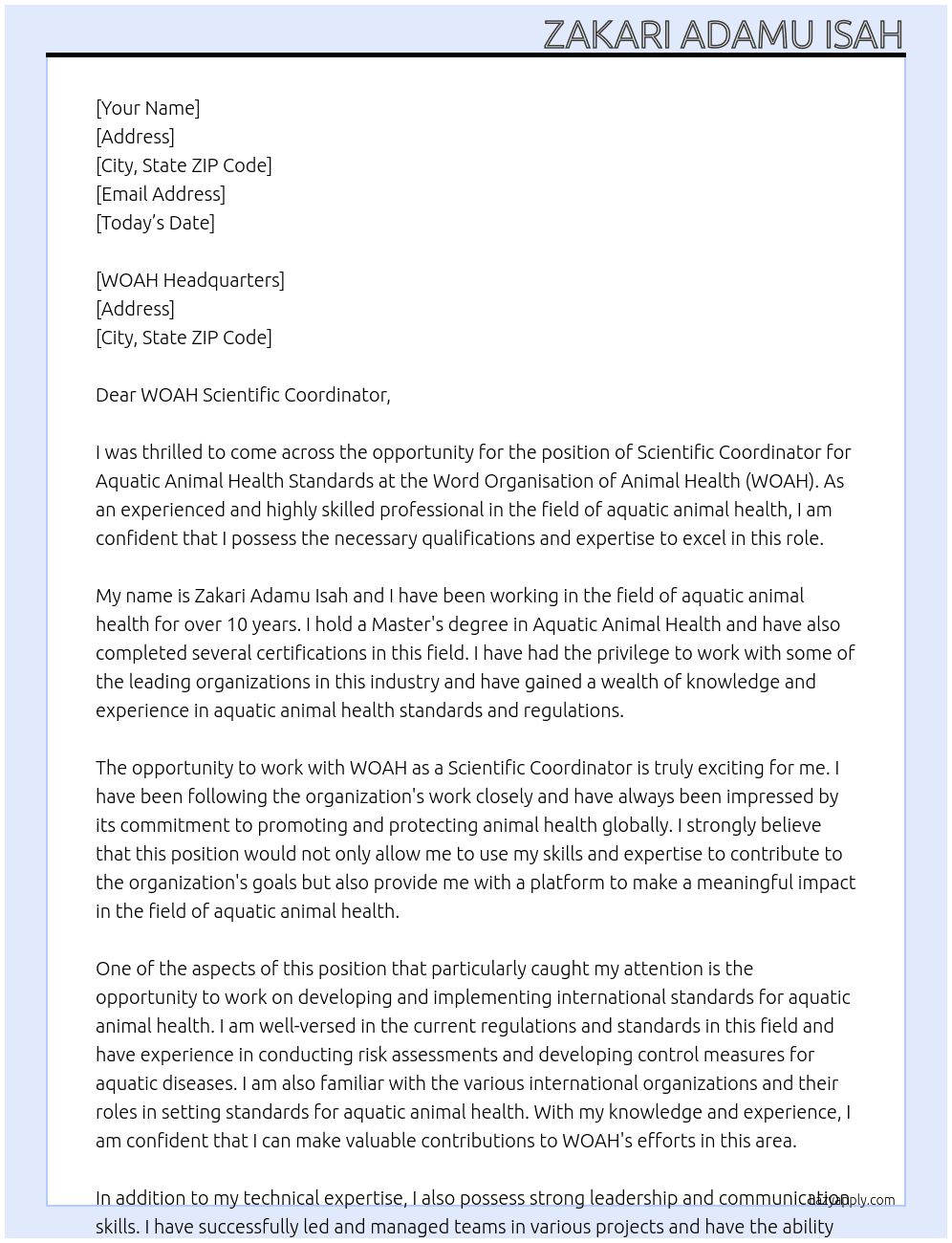 Scentific Coordinator, aquatic Animal Health Standards, WOAH At Word Organisation of Animal Health Cover Letter