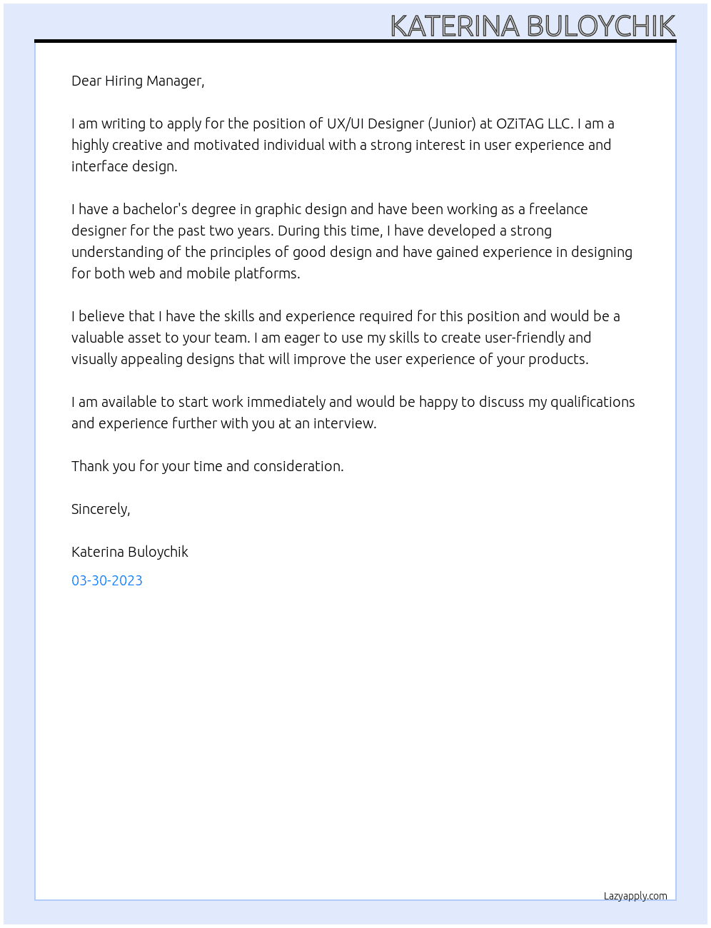 UX/UI Designer (Junior) At OZiTAG LLC Cover Letter