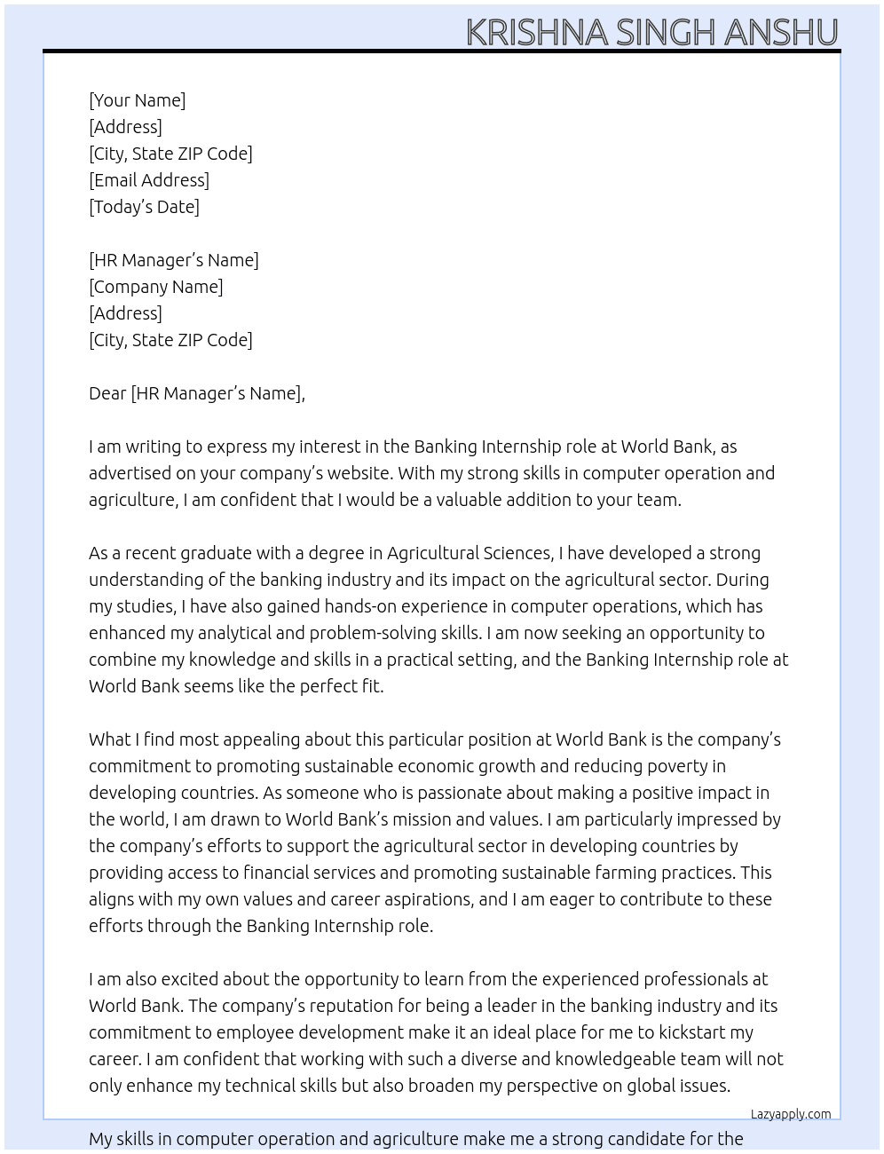 Banking At world bank Cover Letter