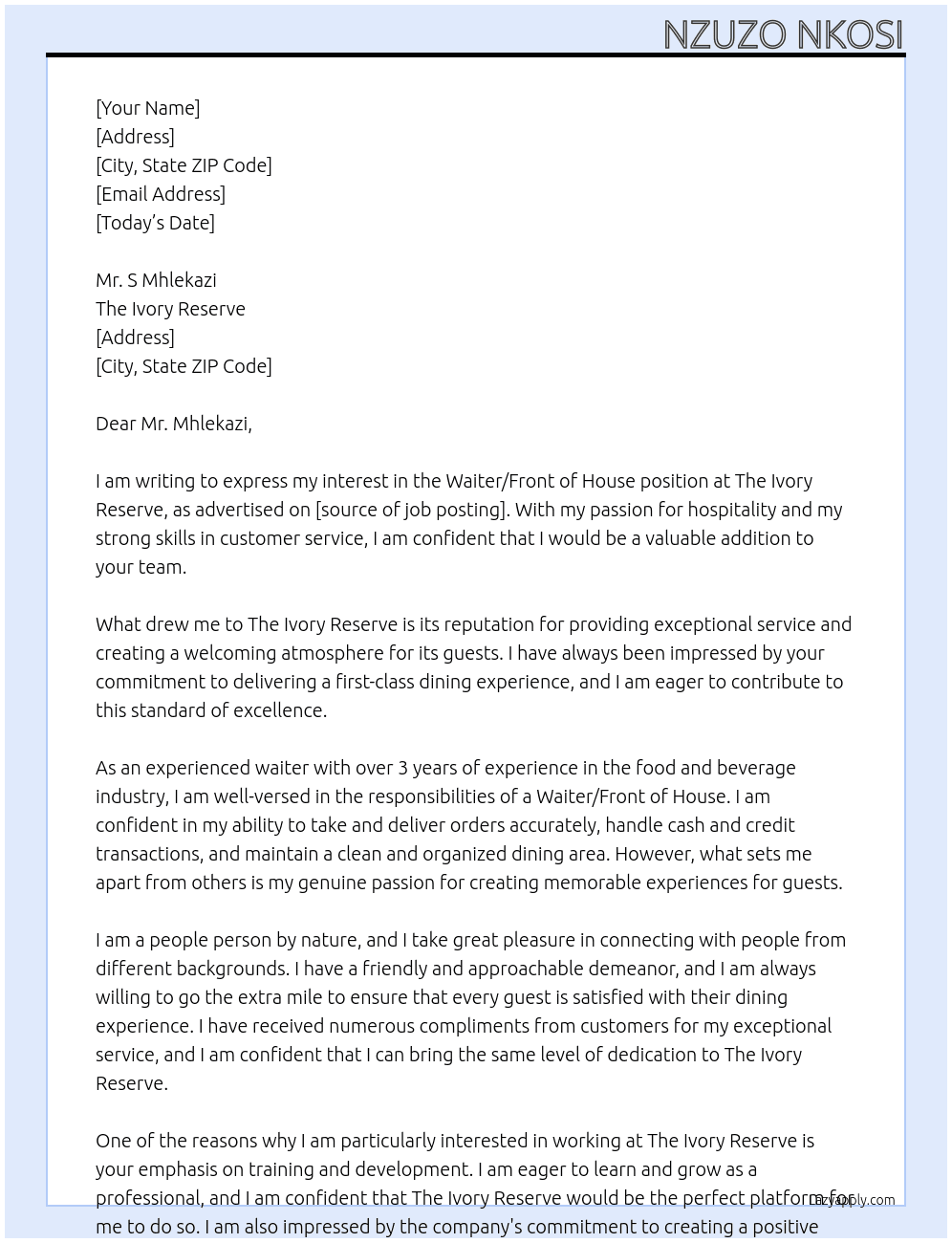 Waitor / Front of House At The Ivory Reserve Cover Letter