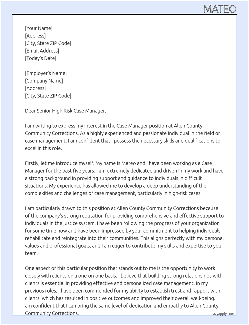 Case Manager At Allen County Community Corrections Cover Letter