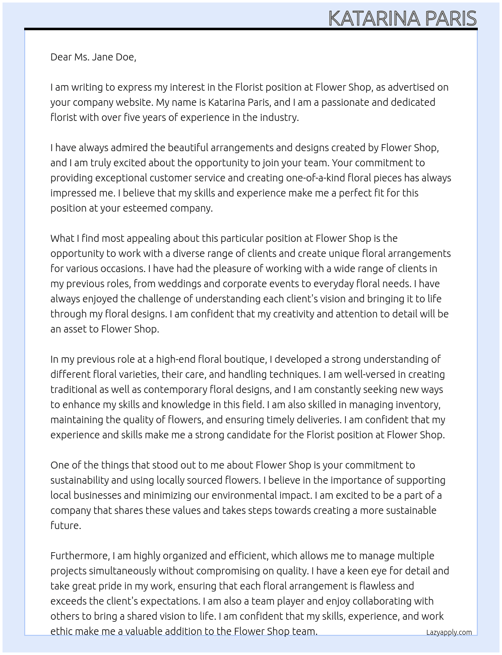 Florist At Flower Shop Cover Letter