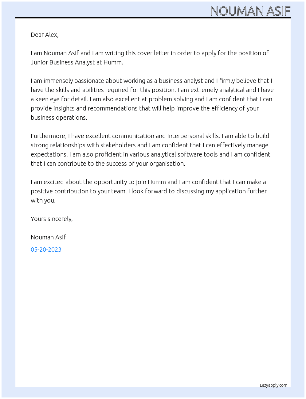Junior Business Analysts At Humm  Cover Letter