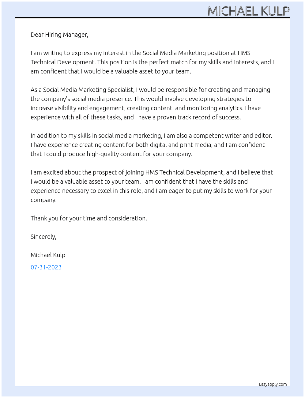 Social media marketing At HMS Technical Development Cover Letter