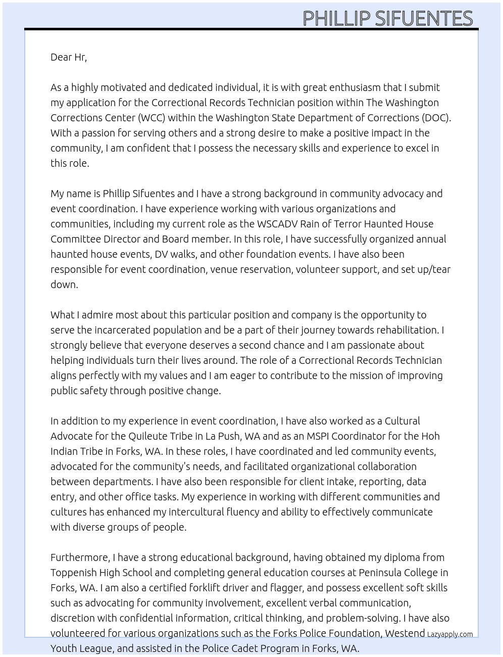 Cover letter for correctional records technician | record unit - LazyApply