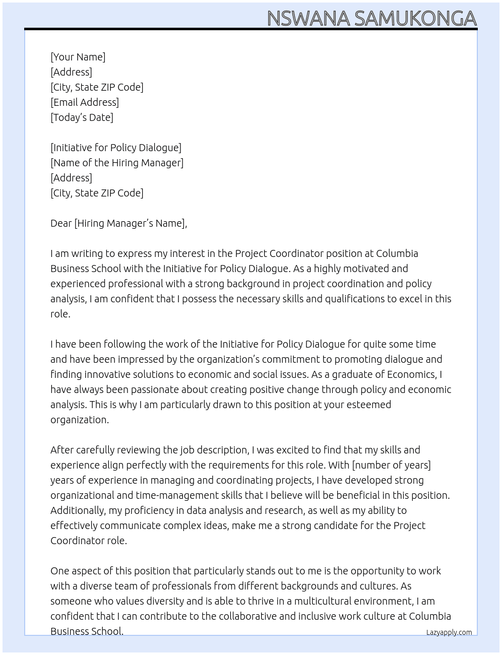 Project Coordinator At Columbia Business School Cover Letter
