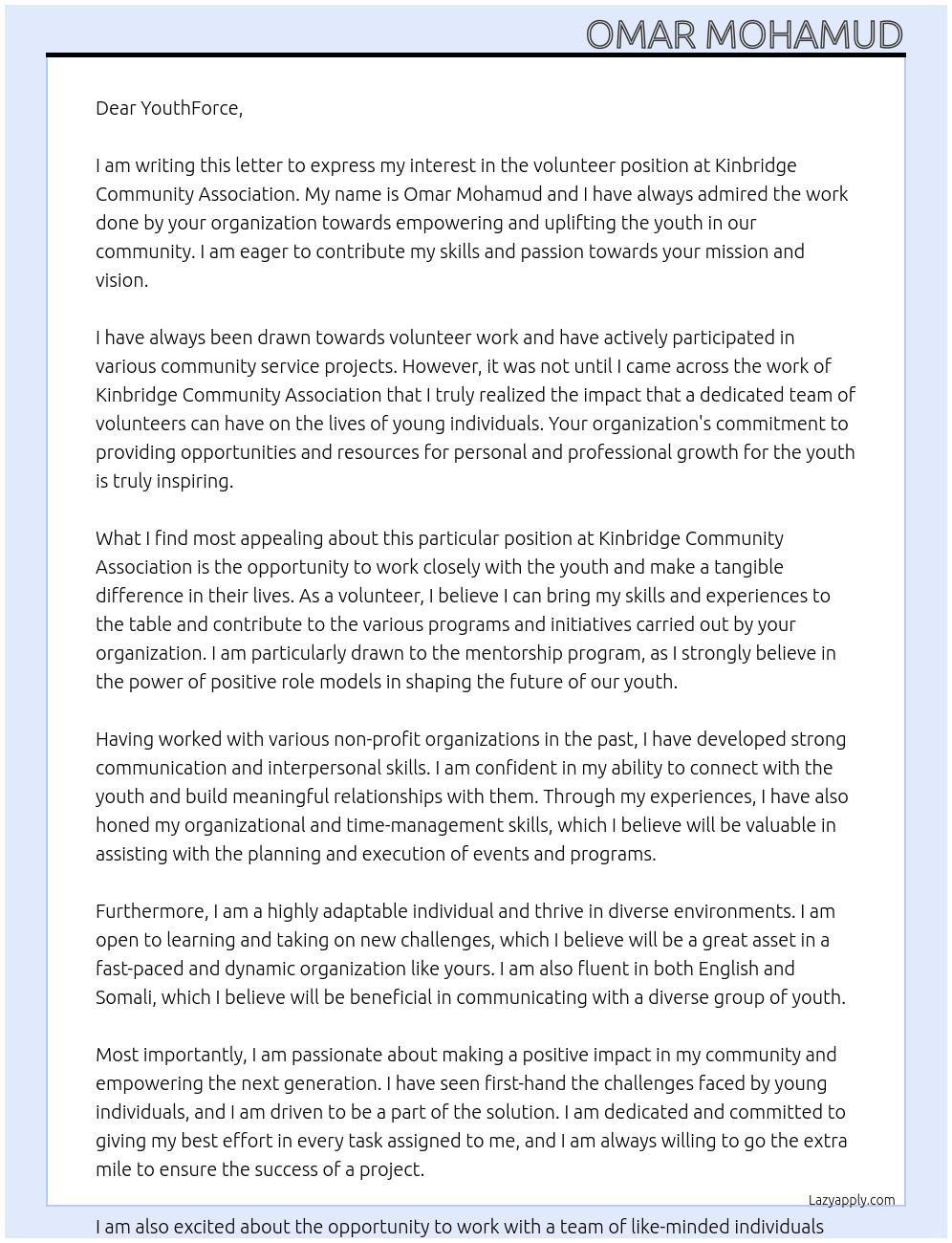 Volunteer At  Kinbridge Community Association Cover Letter