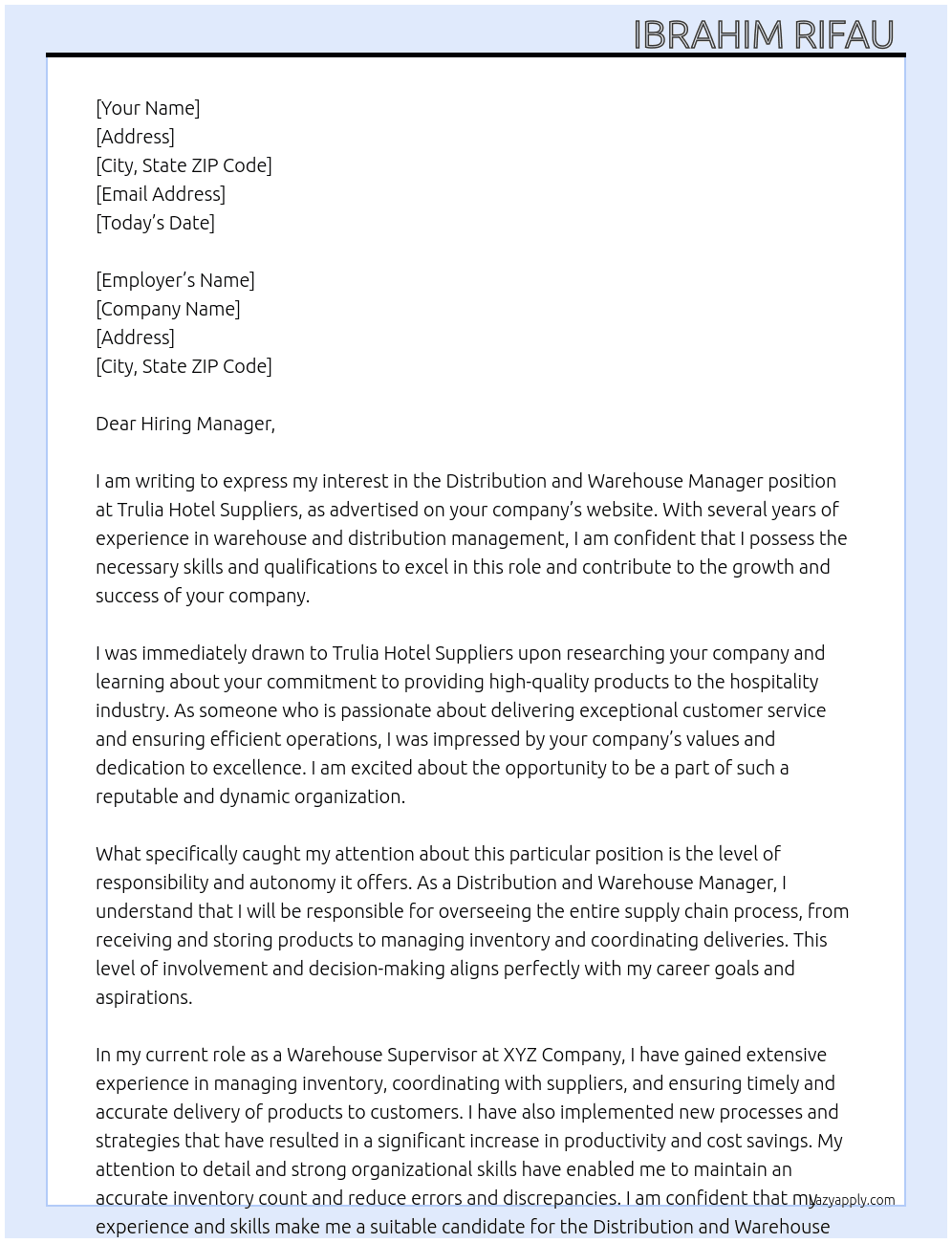 Distribution and Warehouse Manager At Trulia Hotel Suppliers Cover Letter