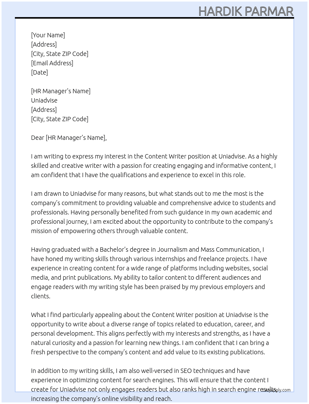 Content writer  At Uniadvise Cover Letter