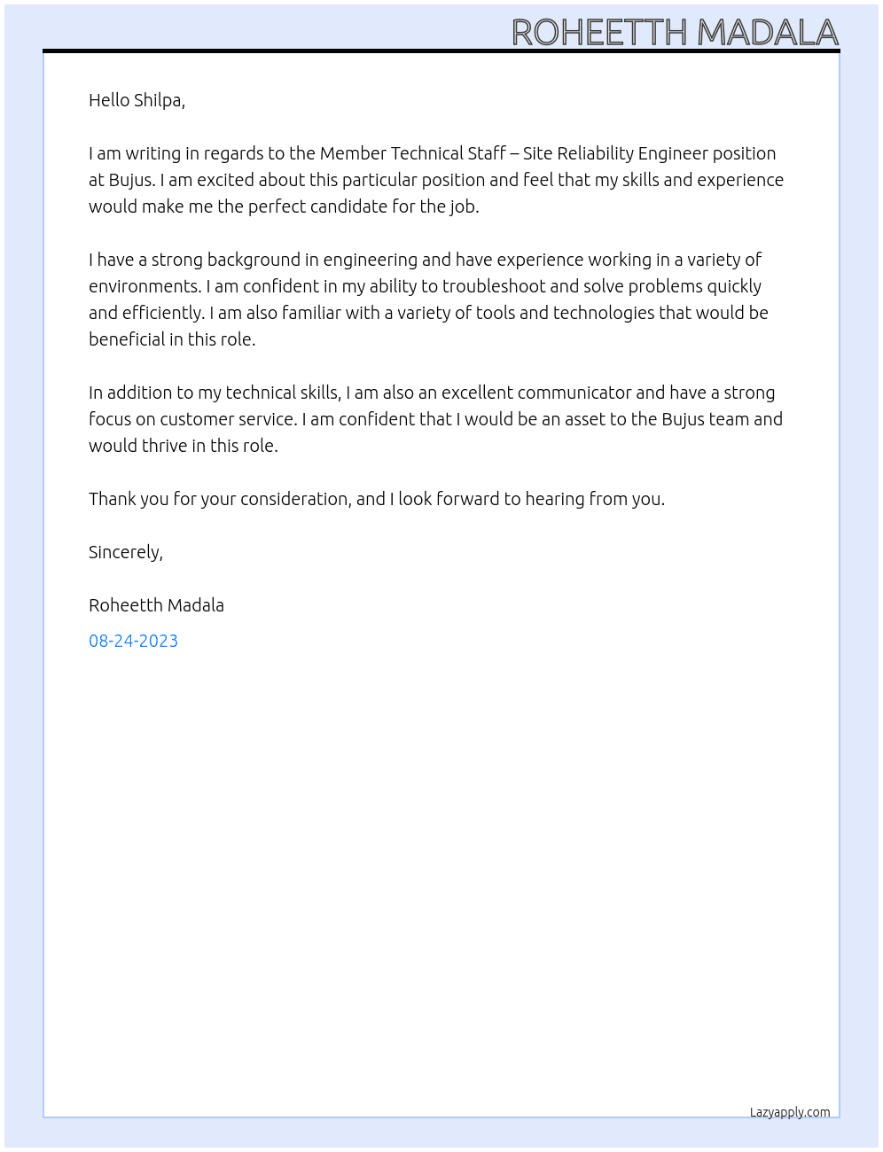 Member Technical Staff – Site Reliability Engineer At Bujus Cover Letter