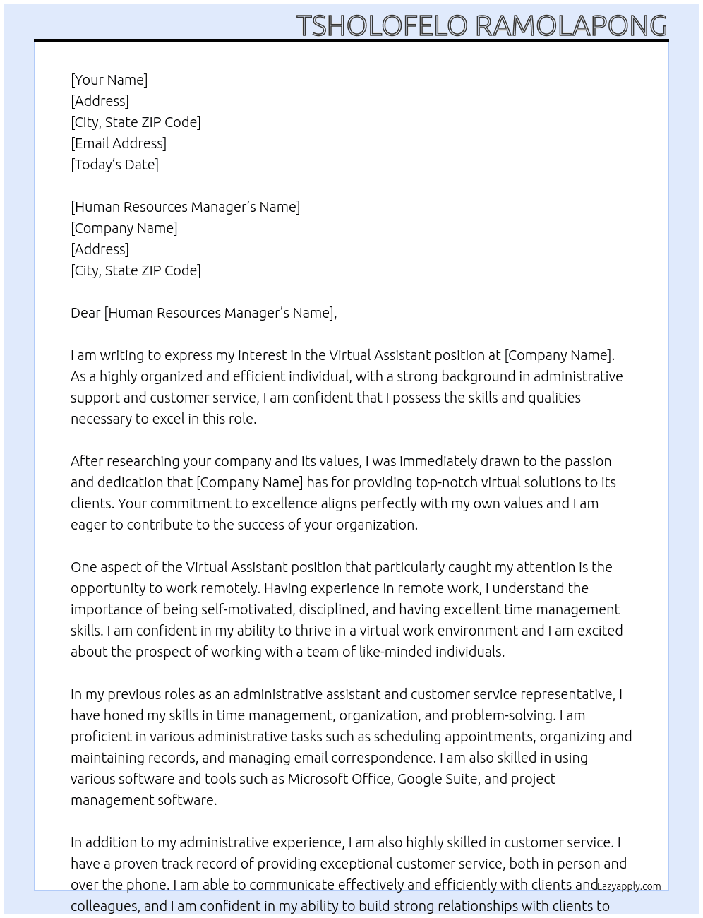 virtual assistant At N/a Cover Letter