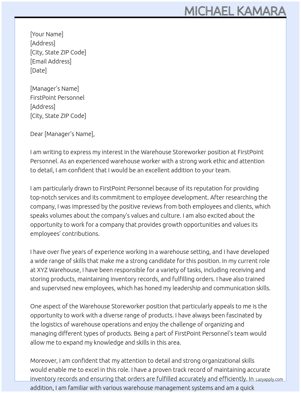 Warehouse Storeworker At FirstPoint Personnel Cover Letter