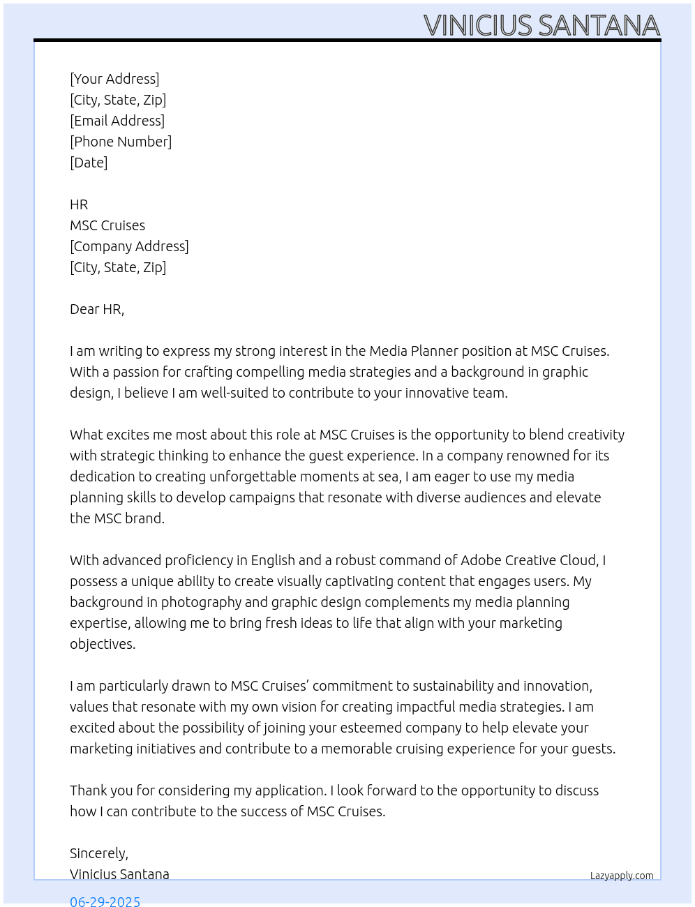 Media Planner  At MSC Cruises Cover Letter