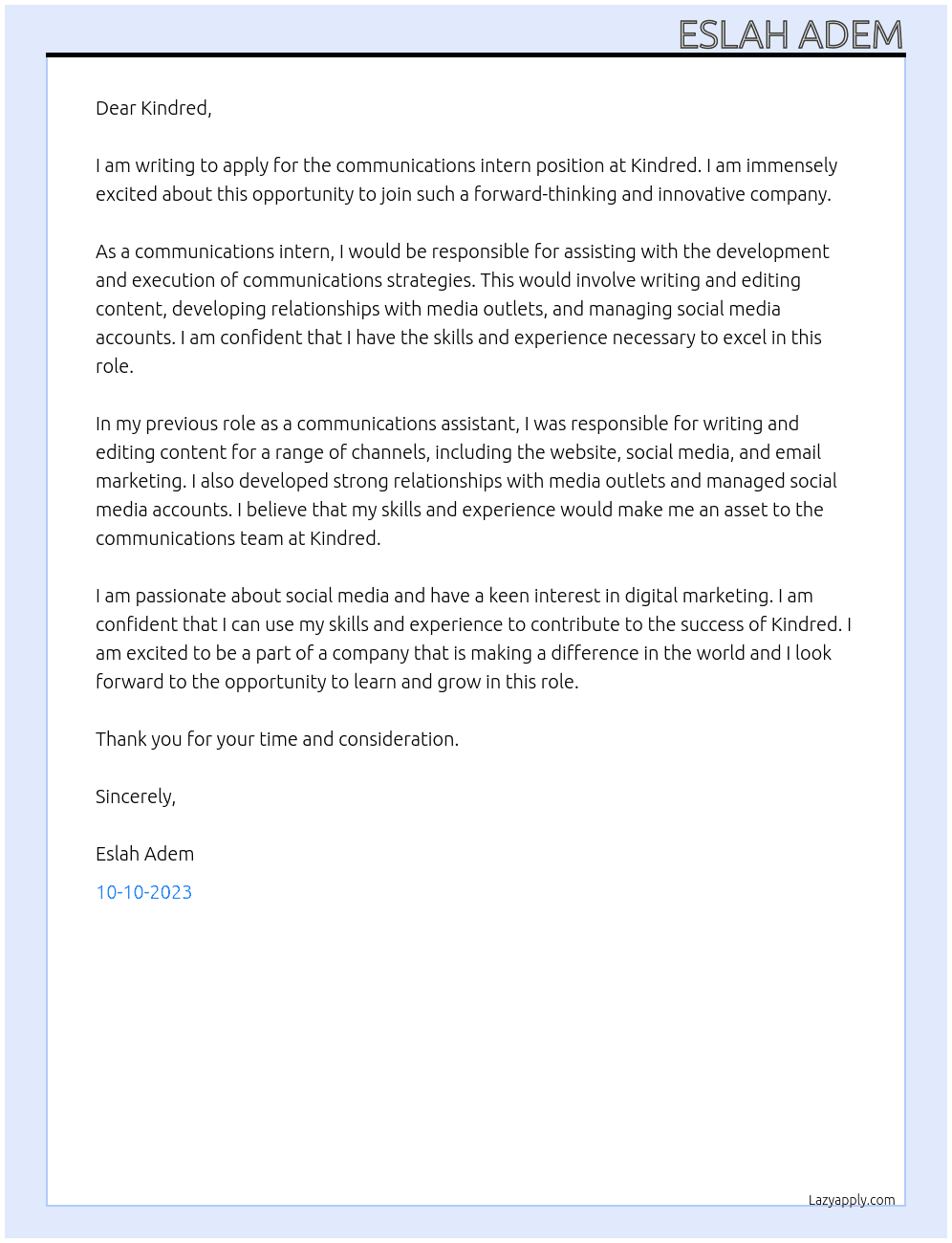 Communications intern At Kindred  Cover Letter