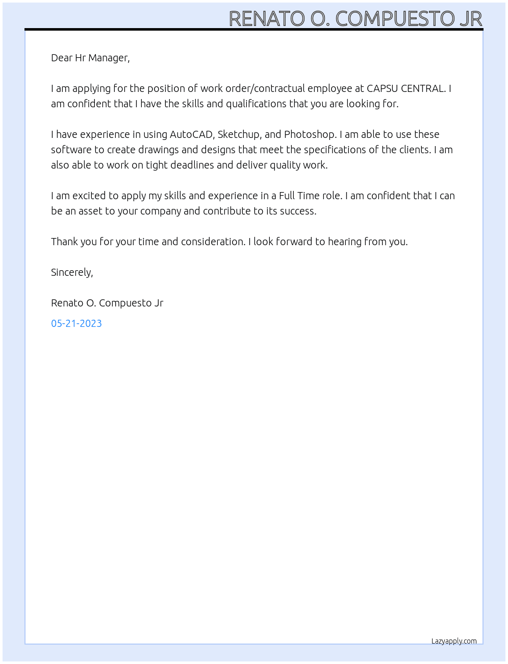 work order/contractual employee At CAPSU CENTRAL Cover Letter