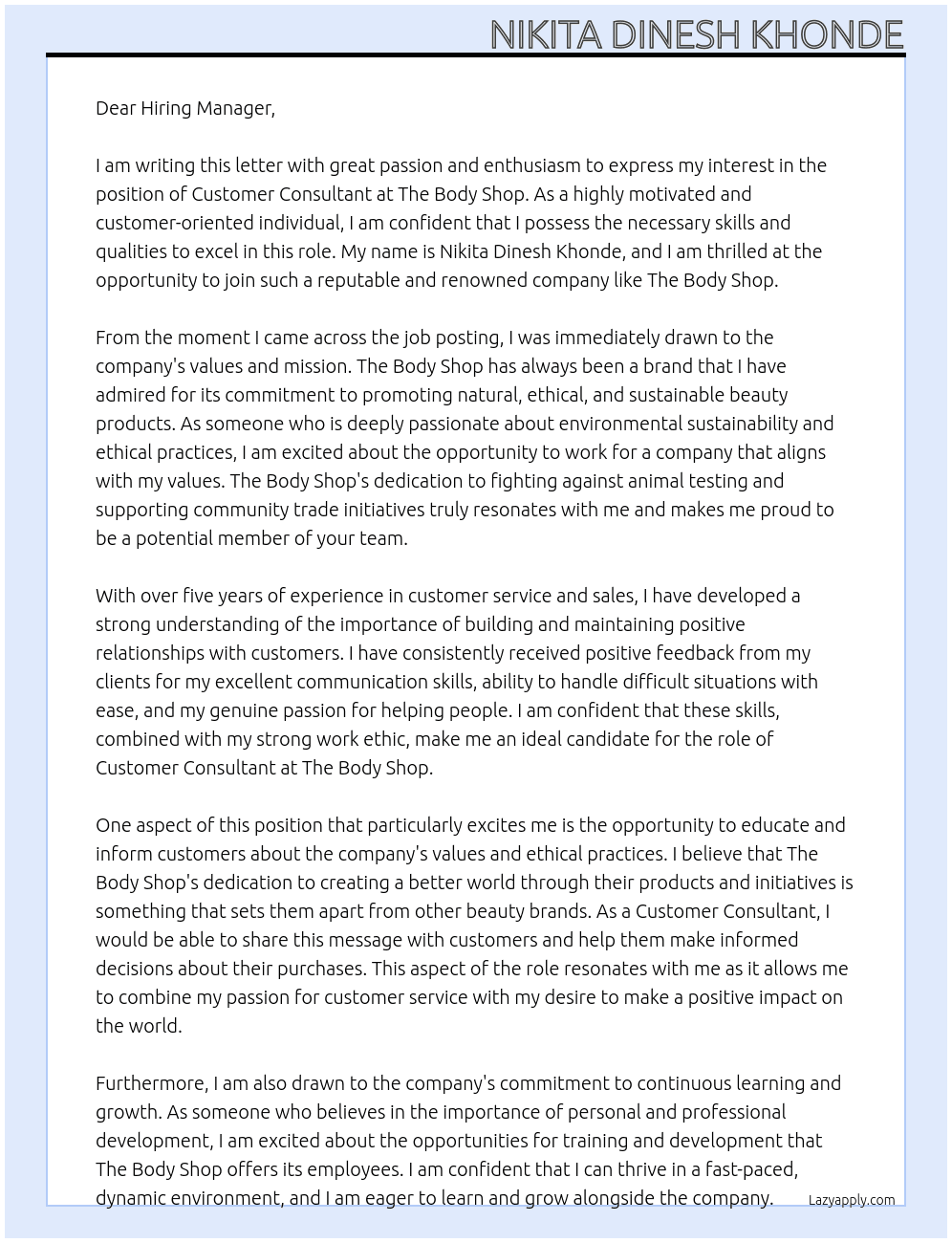 customer consultant  At The Body shop  Cover Letter