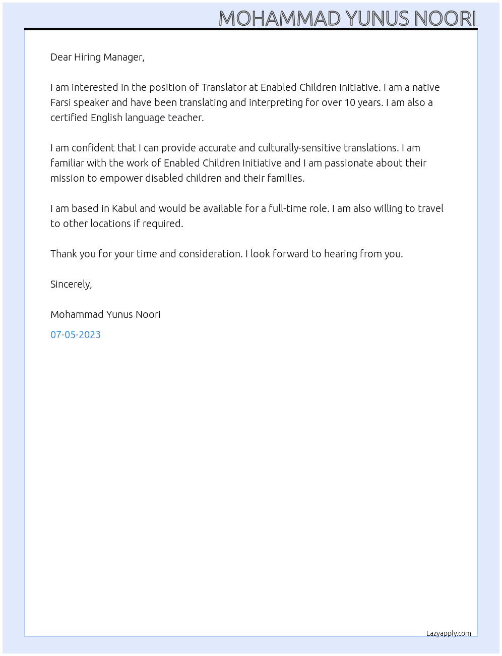 Translator At Enabled Children Initiative Cover Letter