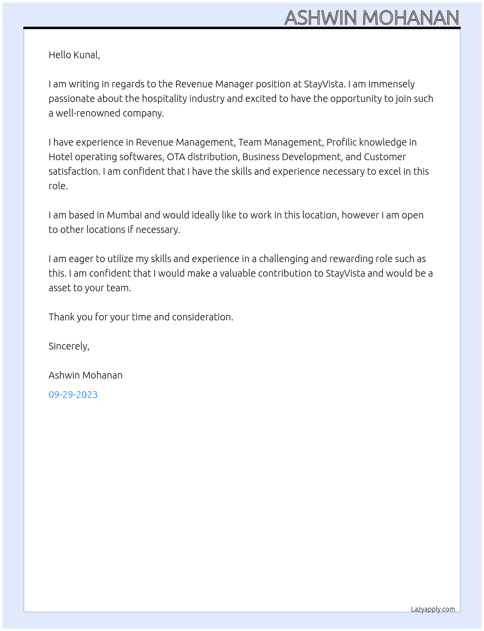 Revenue Manager At StayVista Cover Letter