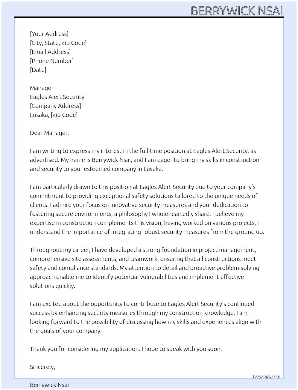 Cover letter for eagles alert security - LazyApply