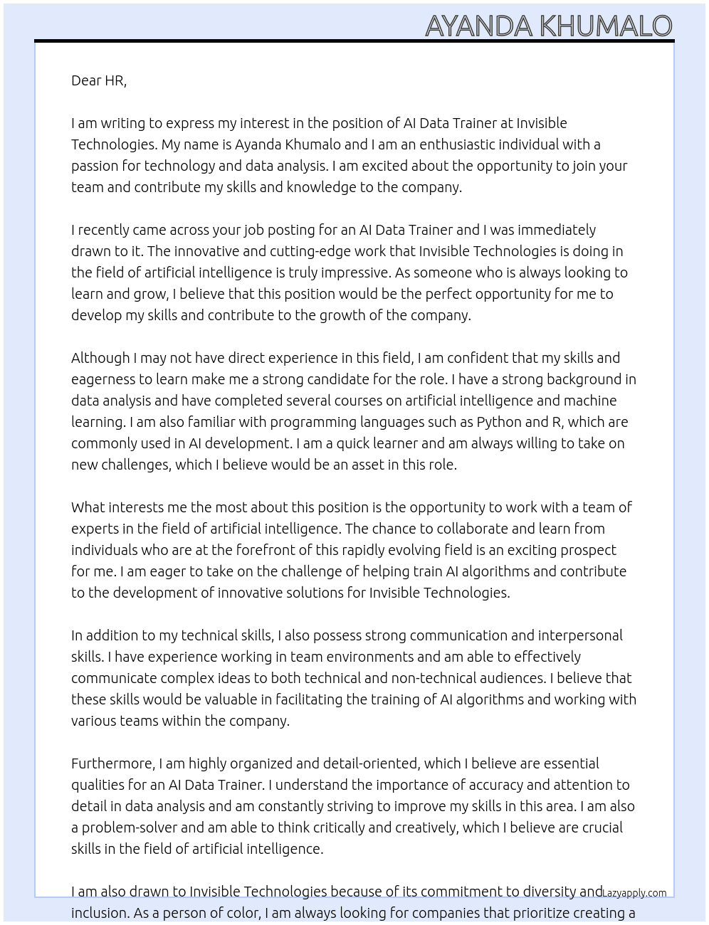 Ai data trainer  At Invisible technologies Cover Letter