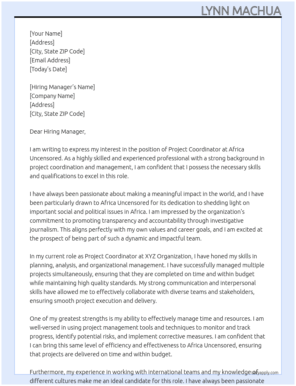 Project coordinator  At Africa Uncensored  Cover Letter
