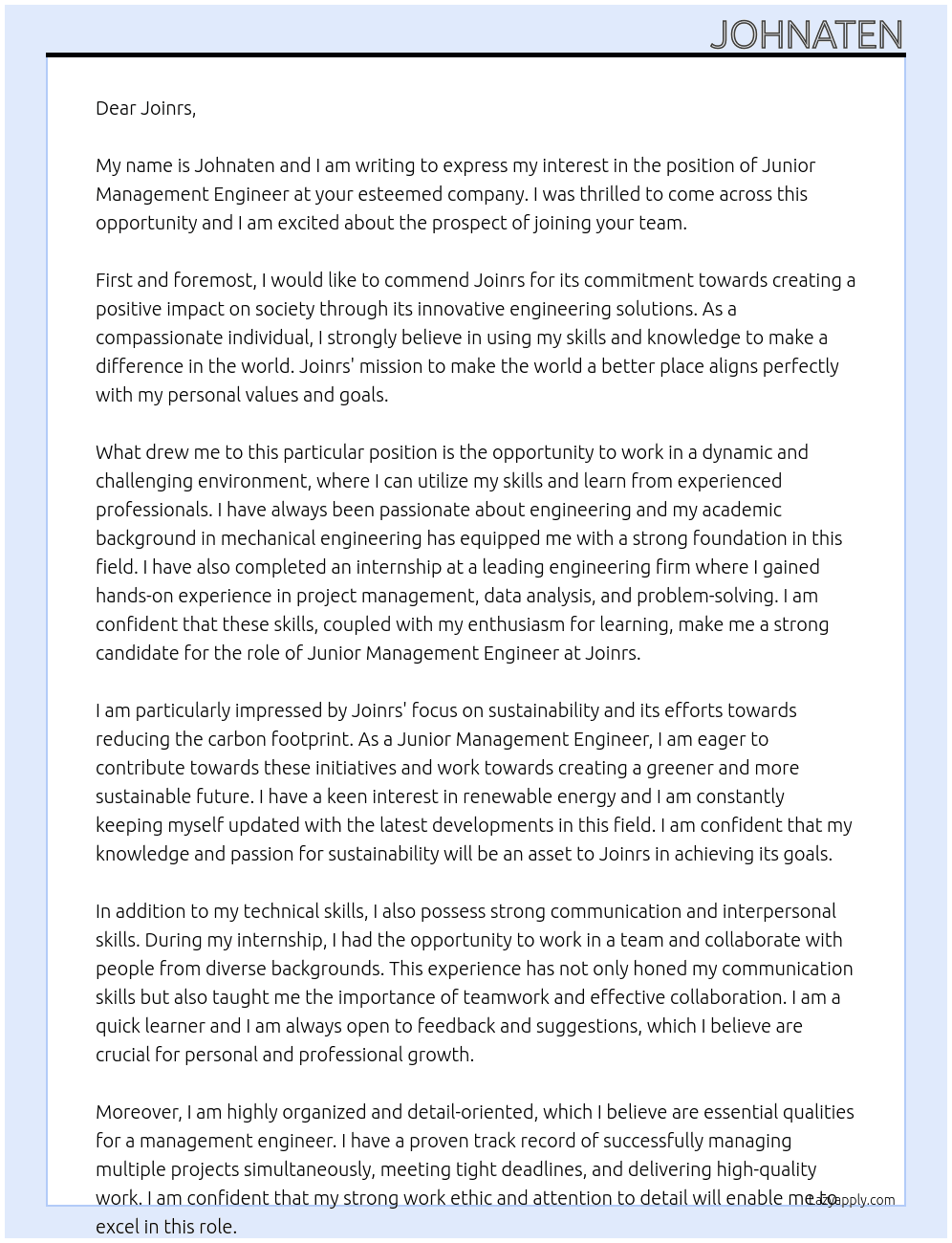 Junior Management Engineer At Joinrs Cover Letter