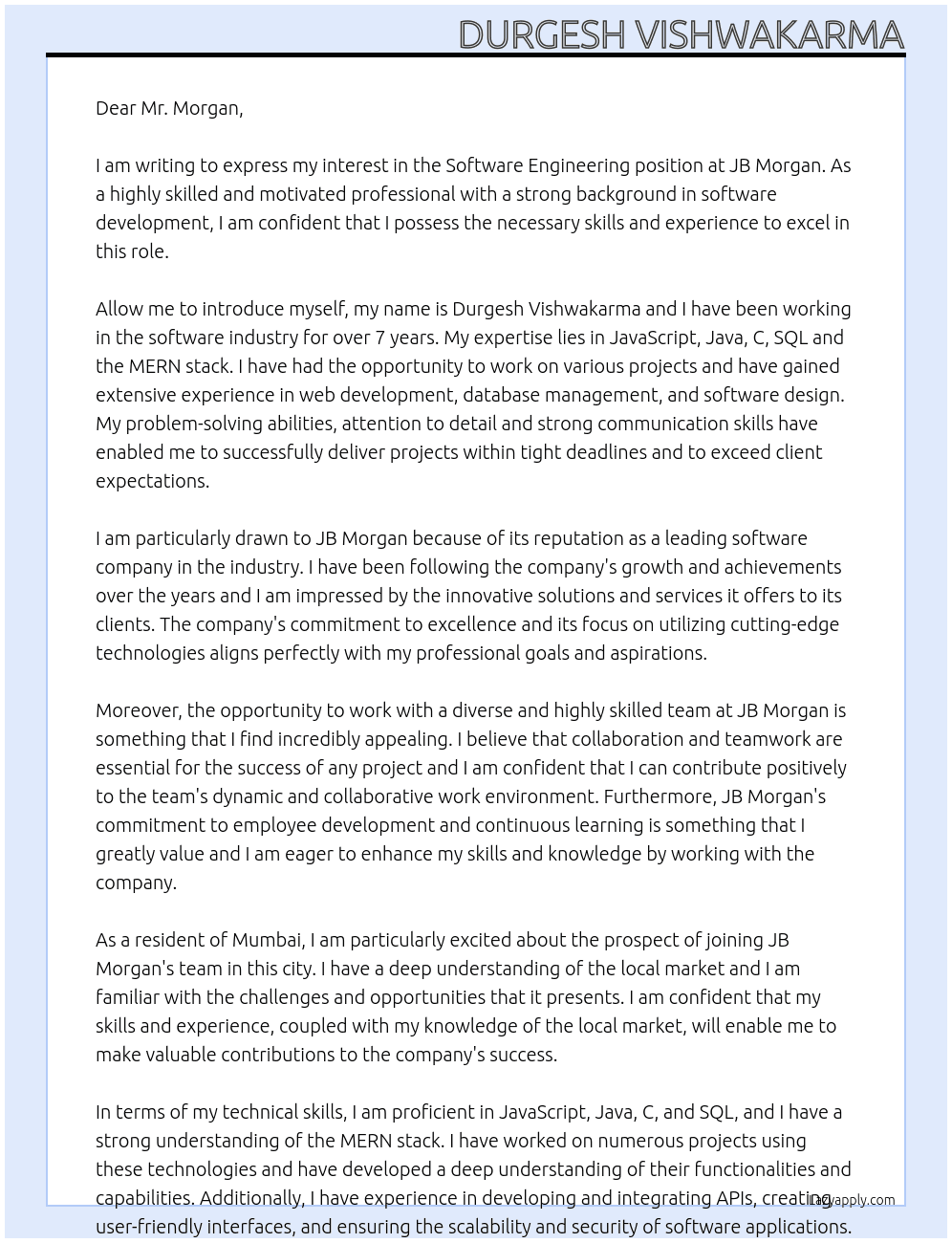 Software Engineering At JB Morgan Cover Letter