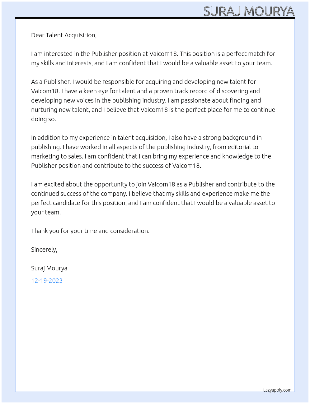 Publisher  At Vaicom18 Cover Letter