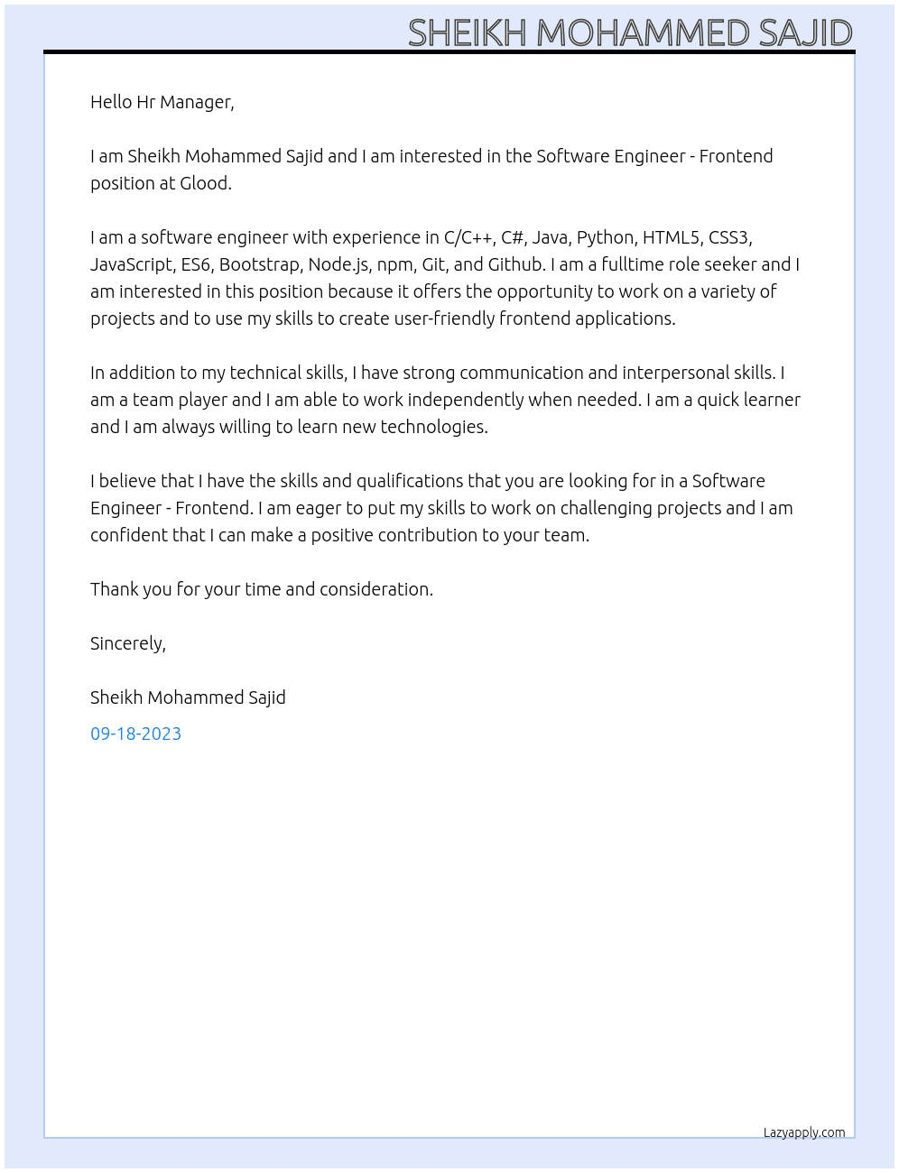 Software Engineer - Frontend At Glood Cover Letter