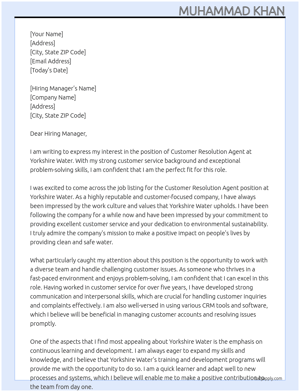 Customer Resolution Agent At Yorkshire water Cover Letter
