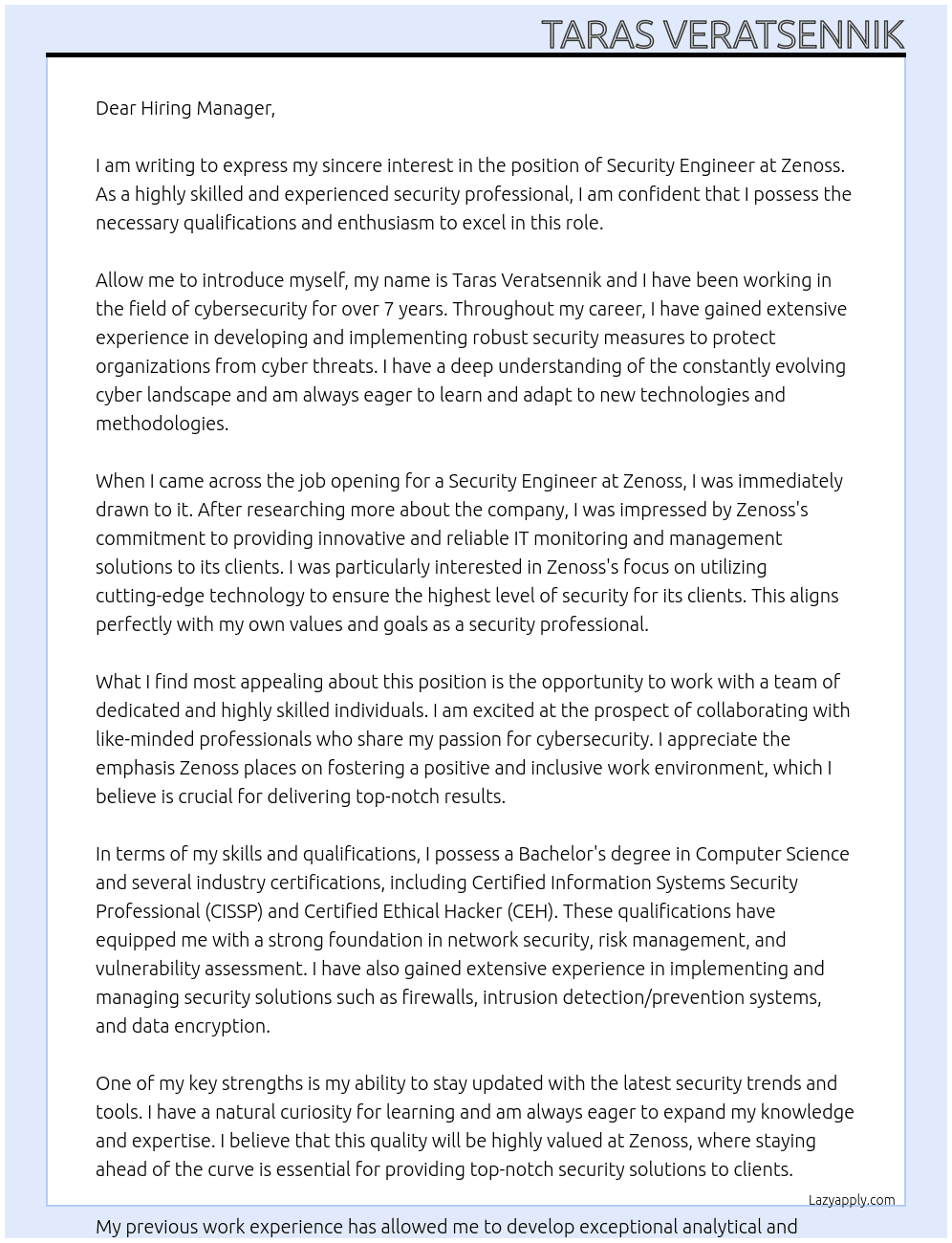 Security Engineer  At Zenoss Cover Letter