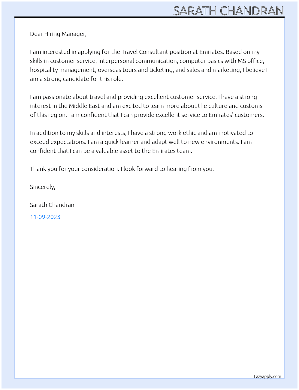 Travel Consultant At emirates Cover Letter