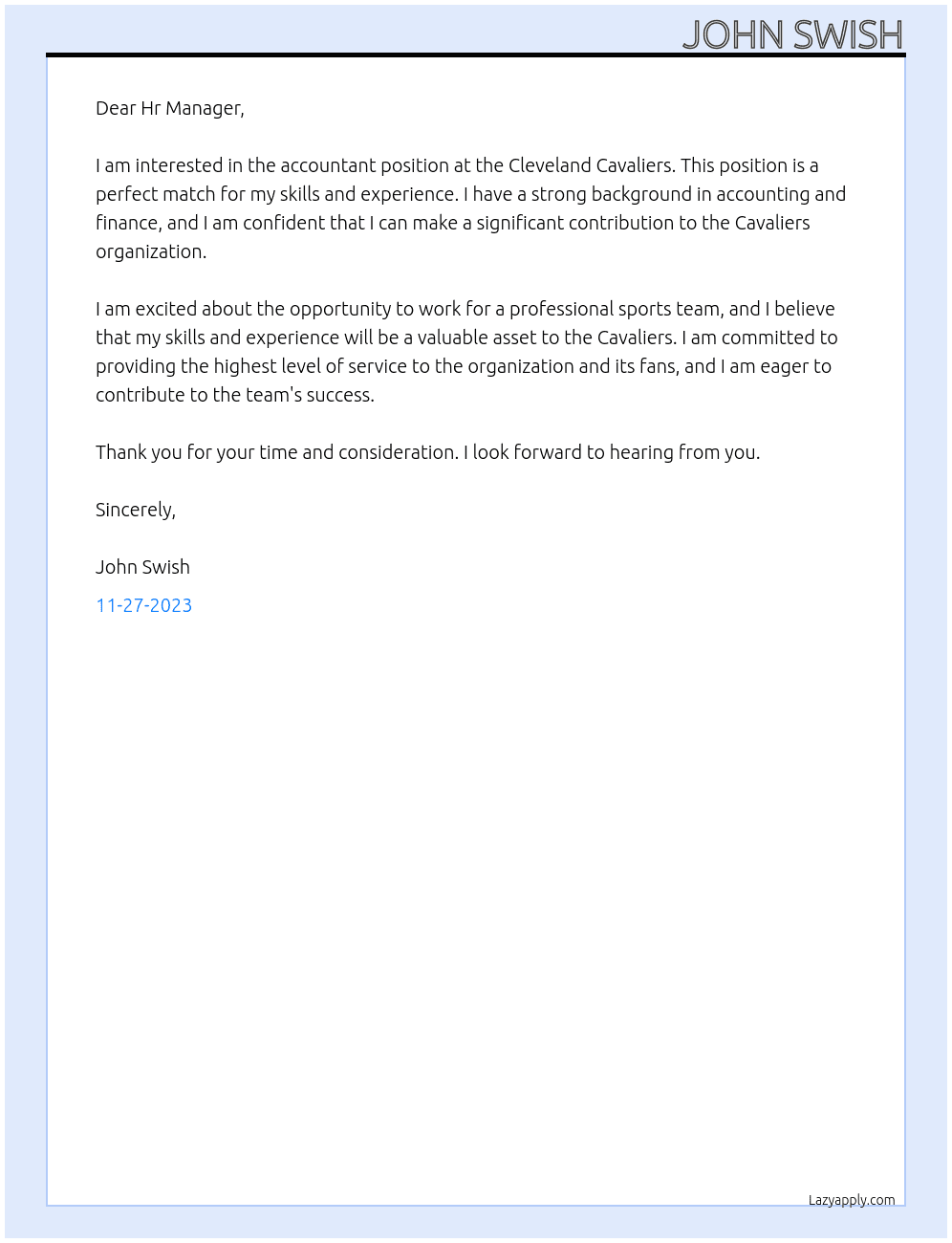 Accountant At Cleveland Cavaliers Cover Letter