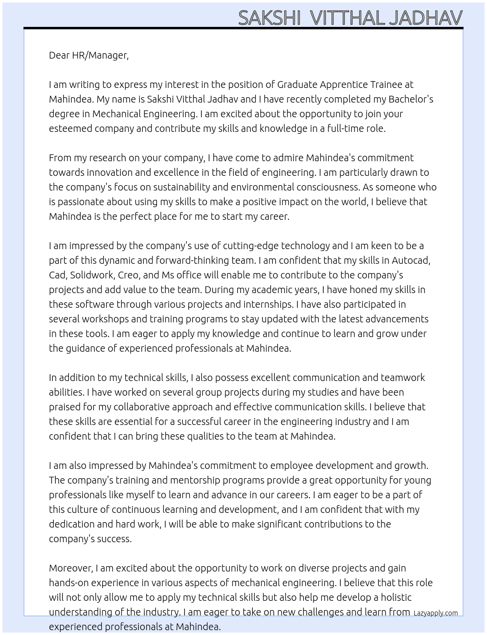 Graduate Apprentice trainee At Mahindea Cover Letter