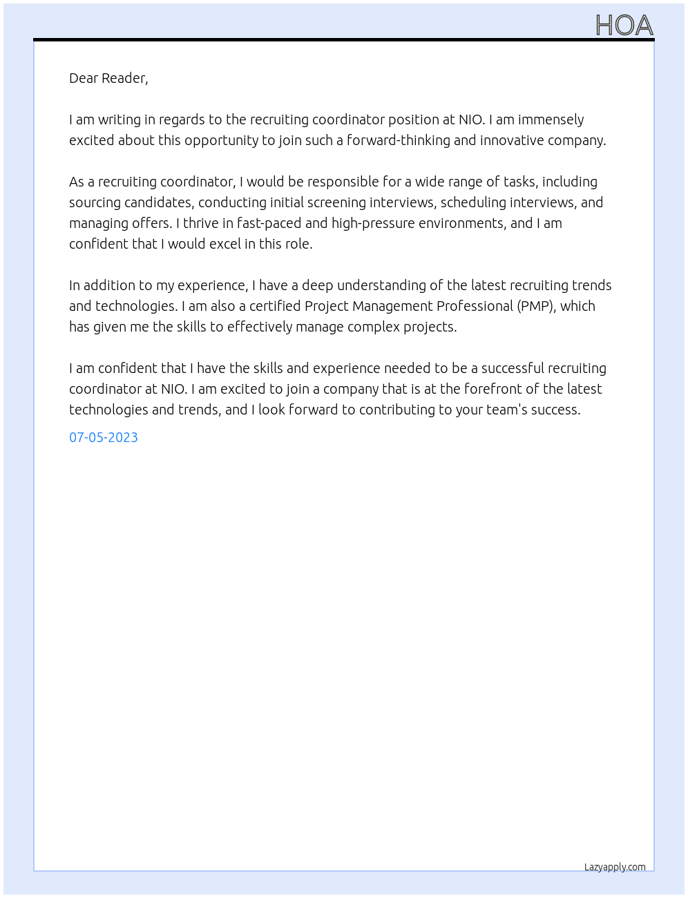recruiting coordinator At NIO Cover Letter