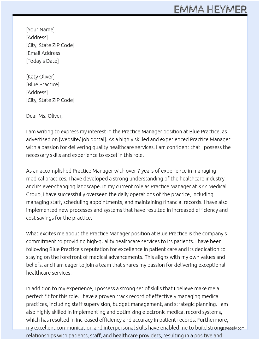 Practice Manager At Blue Practice Cover Letter